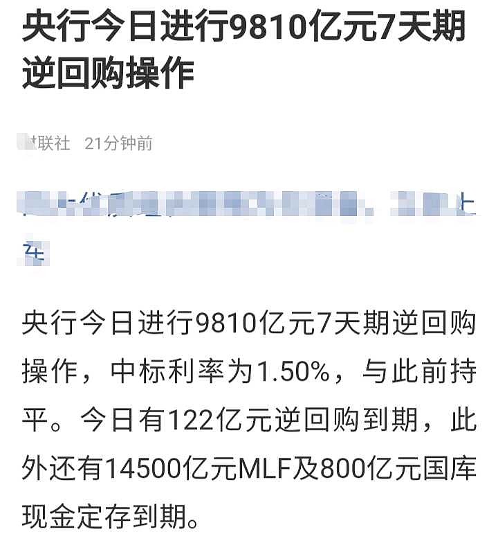 央行今日进行3876亿元7天期逆回购操作 中标利率1.5%